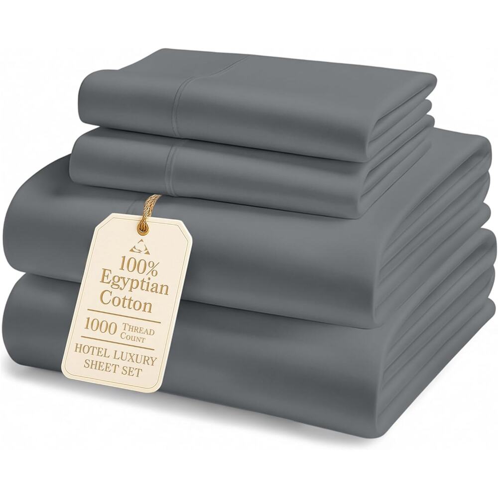 Egyptian Cotton Full Sheet Set, Premium 1000 TC, 15" Deep Pocket Fit, Charcoal